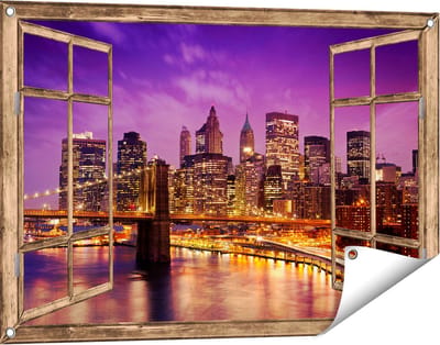 Gards Tuinposter Doorkijk Skyline New York van Centrum in het Paars - 90x60 cm - Tuindoek - Tuindecoratie - Wanddecoratie buiten - Tuinschilderij