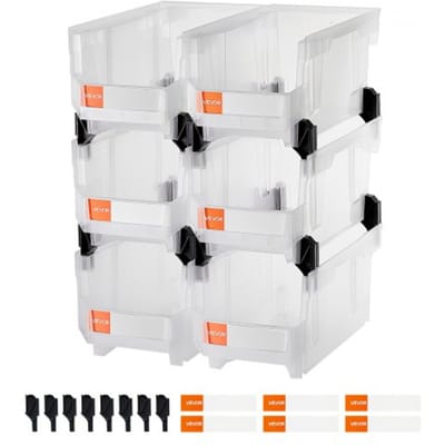 VEVOR stapeldozen, 377 x 215 x 180 mm (6-pack), transparante opbergdozen voor het organiseren en opslaan van spullen, transparante opbergdoos voor kasten, garages, kleine onderdelen, kantoorbenodigdheden en andere accessoires