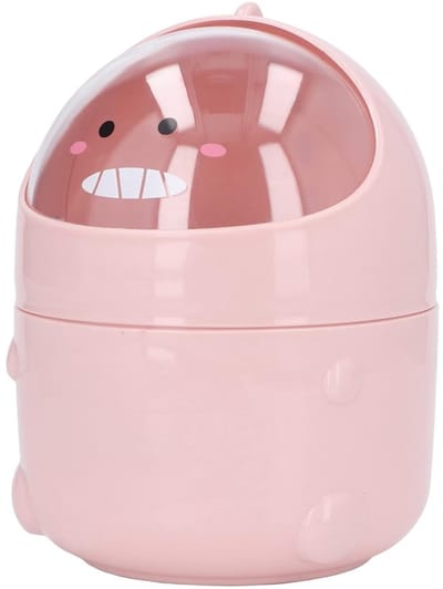 Schattige dino stijl tafelmand, brede opening mini mand met deksel, kunststof met antislip basis voor kantoor, keuken en slaapkamer (roze)