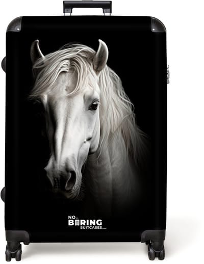 NoBoringSuitcases.com® - Koffer groot - Reiskoffer lichtgewicht - Wit paardenportret op zwarte achtergrond - Rolkoffer met 4 wielen - Grote trolley XL - 98 liter bagage