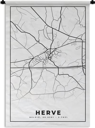 Wandkleed - Wanddoek - Zwart Wit – België – Plattegrond – Stadskaart – Kaart – Herve - 120x180 cm - Wandtapijt