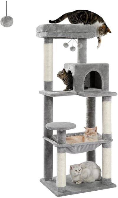 Aurixi® Krabpaal Voor Zware Katten – Krabpaal Voor Grote Katten - Kat Toren - Grijs- 145cm x 45cm x 143cm