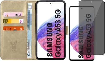Hoesje geschikt voor Samsung Galaxy A53 - Book Case Kunstleer Wallet Cover Portemonnee Pasjeshouder Hoes Goud - Tempered Glass Privacy Screenprotector