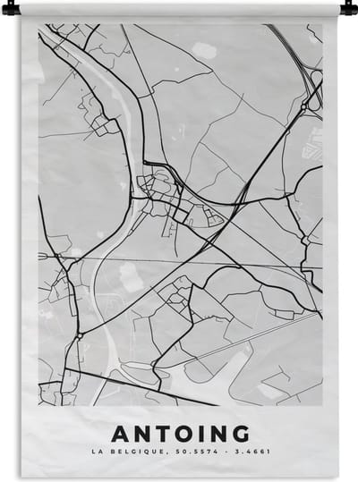 Wandkleed - Wanddoek - Zwart Wit – België – Plattegrond – Stadskaart – Kaart – Antoing - 120x180 cm - Wandtapijt