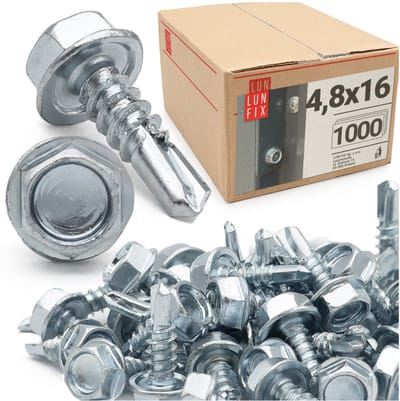LUN FIX - Boorschroeven 4,8x16 mm - 1000 stuks - Zeskantkop DIN 7504K - Verzinkt staal met boorpunt - Trapeziumplaten en metalen platen