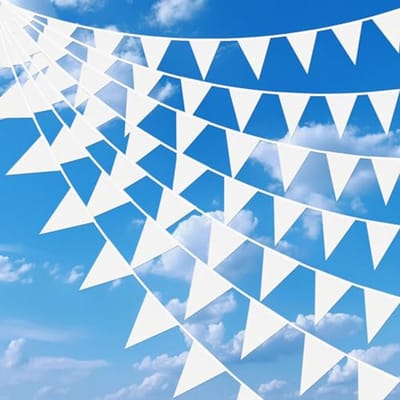 52 stuks witte stoffen vlaggenlijn, 20 meter lange herbruikbare, waterdichte driehoekige wimpelvlaggetjes, geschikt voor verjaardagsfeesten, binnen- en buitendecoraties, bruiloften en festivals