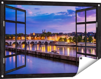 Gards Tuinposter Doorkijk Maastricht Maas Rivier bij de Sint Servaasbrug - 90x60 cm - Tuindoek - Tuindecoratie - Wanddecoratie buiten - Tuinschilderij