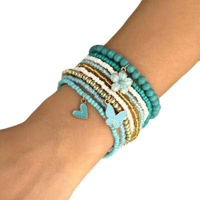 4-delige Dames Armbanden Set – Zirkonia & Metalen Ketting – Modieuze Accessoires voor Feest, Party & Dagelijks Gebruik - Lichtblauw