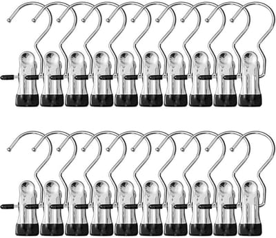 GELLDG Ophangclips - Klemmhaken - Roestvrij Staal Met PVC-Coating - 360° Draaibare Ronde Haken - Set Van 20 Stuks - Geschikt voor Laarzen, Kleding En Accessoires - Zwart