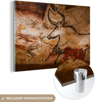 ® Glasschilderij 180x120 cm - Schilderij acrylglas - Grottekeningen in de Grotten van Lascaux in Frankrijk - Foto op glas - Muurdecoratie woonkamer - Wanddecoratie slaapkamer - Schilderijen