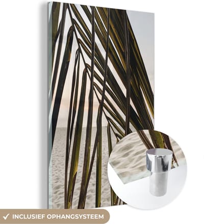MuchoWow® Glasschilderij 120x180 cm - Schilderij acrylglas - Palmblad - Zomer - Strand - Foto op glas - Schilderijen