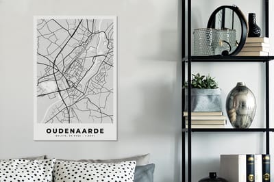 Canvas Schilderij Zwart Wit – België – Plattegrond – Stadskaart – Kaart – Oudenaarde - 60x90 cm - Wanddecoratie