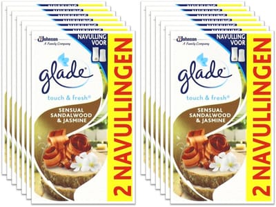 12x Glade Luchtverfrisser Touch & Fresh Navul Duo Sandalwood & Jasmine 2x10 ml