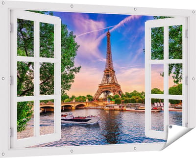 Gards Tuinposter Doorkijk Eiffeltoren in Parijs aan het Water - Kleur - 150x100 cm - Tuindoek - Tuindecoratie - Wanddecoratie buiten - Tuinschilderij