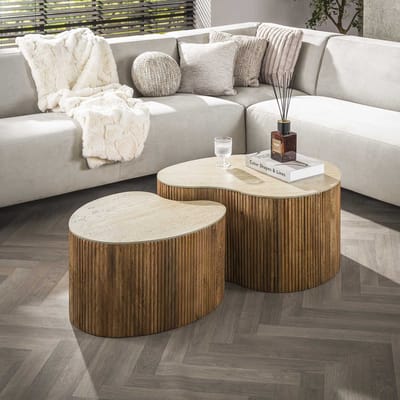 Dimehouse Vento Set van 2 Niervormige Salontafels Mango Zand - 82 x 60 x 40 cm - Keramiek - Japandi - Rond