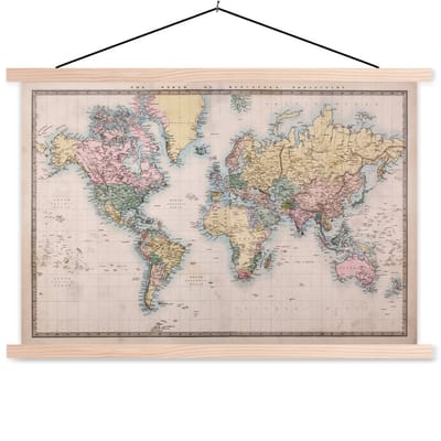Schoolplaat - Wereldkaart Vintage - Posterhanger - Textielposter - 150x100 cm