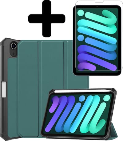 Hoes - Geschikt voor Apple iPad Mini 6 (2021) - 8.3 inch - 6e Generatie - Met Screenprotector - Trifold Bookcase - Hard Cover Case - Met Uitsparing Geschikt voor Apple Pencil - Hardcover Book - Tablet Hoesje - Donkergroen