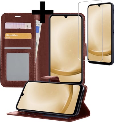 Hoesje - Met Screenprotector - Geschikt voor Samsung Galaxy A25 - Luxe Pasjeshouder - Bookcase Portemonee - Flip Case - Kunstleer Book Case - Flipcase - Book Cover - Walletcase - Portemonneehoes - Telefoonhoesjes - Bruin