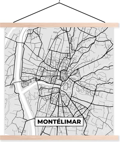 Posterhanger incl. Poster 40x40 cm - Schoolplaat - Plattegrond – Montélimar – Stadskaart – Kaart – Frankrijk - Textielposter - Blanke latten - Stadskaart