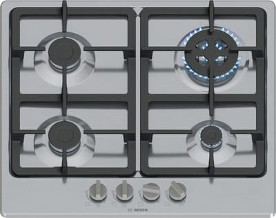Bosch PGH6B5K90 Serie 4 Gaskookplaat – 60 cm – 4 Branders inclusief Wokbrander (3.3kW) – RVS (Roestvrij Staal) – Gietijzeren Pannendragers (Vaatwasserbestendig) – Inbouw