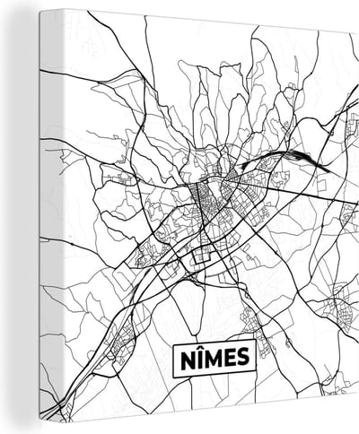 Canvas Schilderij Stadskaart - Plattegrond - Kaart - Frankrijk - Nîmes - Zwart wit - 20x20 cm - Wanddecoratie