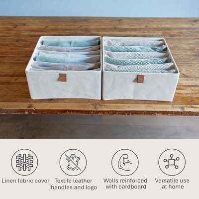 Candala Ladenbox, 2-delig, Kledingkast-organizer van stof, versterkt met karton, 6 vakken voor beha's, shirts, jeans, beige, 30 x 30 x 15 cm