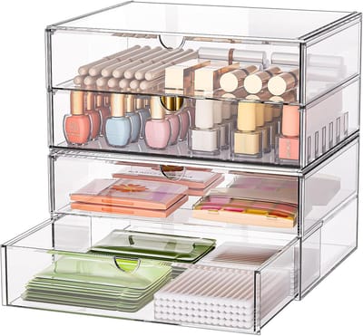 Famanu - Acryl Vanity Organizer met 4 Brede Lades Set van 2, stapelbare bureau organizer met antislip pads, ladekast voor kantoor, slaapkamer en badkamer