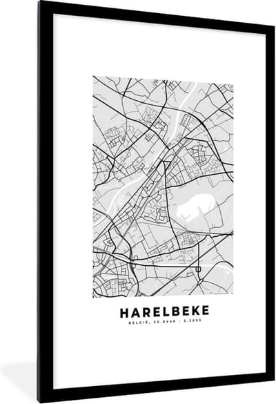 Fotolijst incl. Poster Zwart Wit- Plattegrond – Harelbeke – Zwart Wit – Stadskaart - Kaart - 80x120 cm - Posterlijst