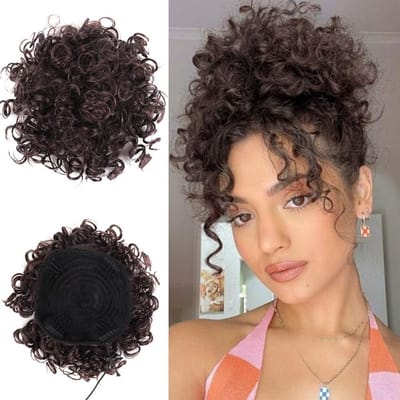Korte Krullende Ponytail Extension van Synthetisch Haar met Scrunchie en Clip voor een Messy Bun Look (Bruin)