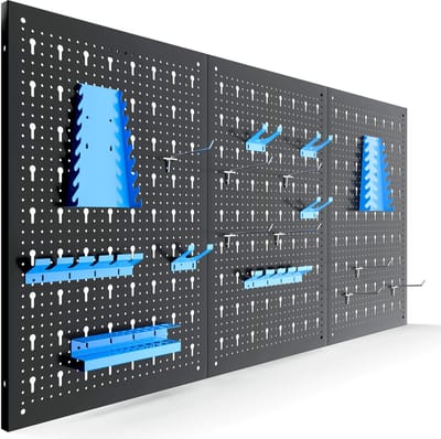 AREBOS Driedelige gereedschapswand | 17-delige haken set blauw | 117,6 x 59,5 x 2 cm | Geperforeerde metalen gereedschapswand + beugels + bevestigingsmateriaal