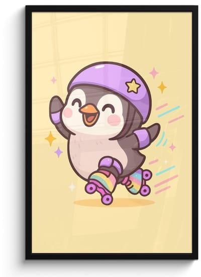 Poster in lijst - Fotolijst 60x90 cm - Posters - Pinguïn - Rolschaatsen - Geel - Energiek - Posterlijst zwart - Decoratie - Wanddecoratie woonkamer - Muurdecoratie slaapkamer