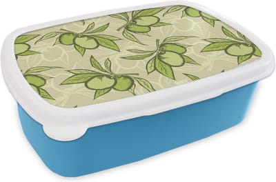 Broodtrommel Blauw - Lunchbox - Brooddoos - Olijf - Bladeren - Vegan - Design - Vintage - 18x12x6 cm - Kinderen - Jongen
