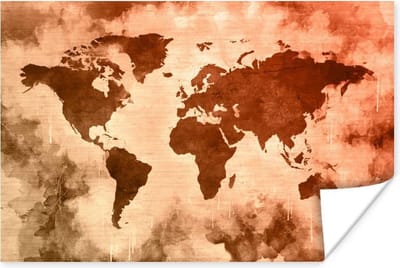 Poster 30x20 cm - Wereldkaart - Rood - Bruin - Posters - Kamer decoratie - Wanddecoratie woonkamer - Muurdecoratie slaapkamer