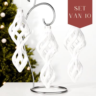 Fleuriek – Luxe Gedraaide Lange Kerstballen – Glanzend Wit, Set van 10 – Moderne Kerstornamenten – Onbreekbaar & Herbruikbaar – Minimalistische Kerstdecoratie in Stijlvolle Look