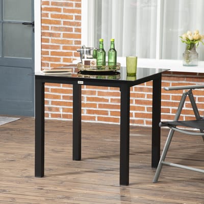 MEUNIQ tuintafel vierkant 80 x 80 x 74 cm voor 4 personen, aluminium terrastafel met gehard glazen tafelblad, balkontafel voor tuin en terras, zwart