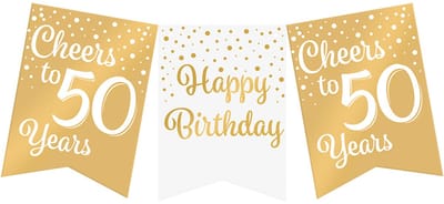 Vlaggenlijn | Set á 6 stuks | Feestvlaggen banner goud wit | met tekst 50 jaar | 6 meter | 10 vlaggen | hoogte 20 cm
