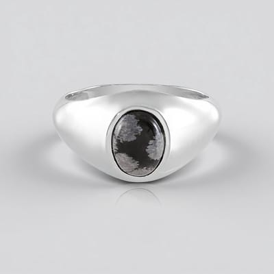 Cavill - Zilveren Ring - 925 Sterling Zilver - Ovale Sneeuwvlokken Obsidiaan 0 999 ct - Handgemaakt Elegant Organisch Design 21x19 mm