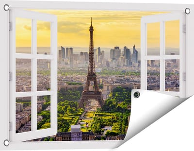 Gards Tuinposter Doorkijk Skyline van Parijs met de Eiffeltoren - 60x40 cm - Tuindoek - Tuindecoratie - Wanddecoratie buiten - Tuinschilderij
