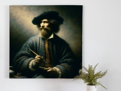 Pop art rembrandt schilderij | Rembrandt's iconic style meets modern pop art in captivating artwork | Kunst - 60x60 centimeter op Forex | Foto op Forex