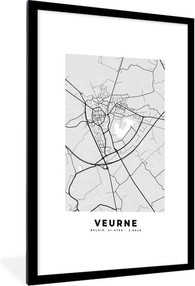 Fotolijst incl. Poster Zwart Wit- Zwart Wit – België – Plattegrond – Stadskaart – Kaart – Veurne - 60x90 cm - Posterlijst