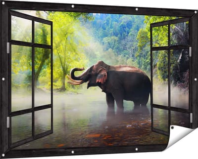 Gards Tuinposter Doorkijk Olifant in het Water - 150x100 cm - Tuindoek - Tuindecoratie - Wanddecoratie buiten - Tuinschilderij