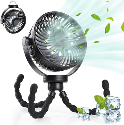 Mini Ventilator met LED Licht - Oplaadbaar 5200mAh - Flexibele Bevestigingsklem - 360° Draaibaar - Voor Kinderwagen Camping en Bureau - Zwart