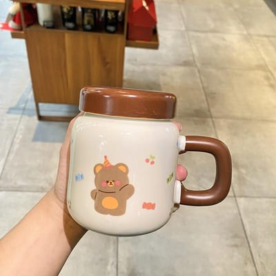 Tasse en Céramique Animal Dessin Animé Tasse à Eau Mignonne avec Couvercle Mug Bouteille d'Eau Créative Tasse à Lait Cadeau Fille 350ml