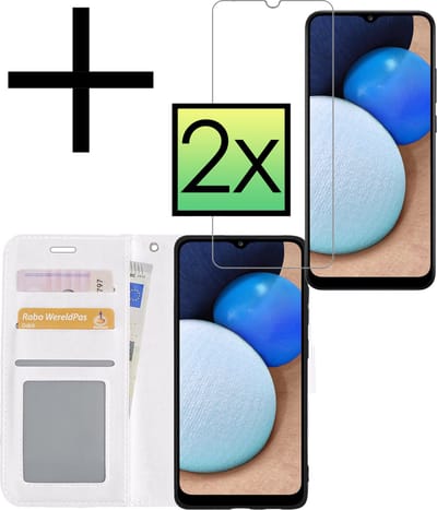 Hoesje - Met 2x Screenprotector - Geschikt voor Samsung Galaxy A02s - Luxe Pasjeshouder - Bookcase Portemonee - Flip Case - Kunstleer Book Case - Flipcase Hoes - Book Cover - Walletcase - Portemonneehoes - Wit