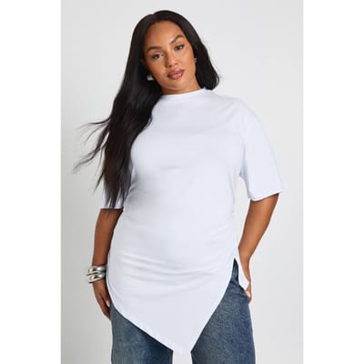 boohoo Dames Plus T-shirt met gespleten zijkant en geraffelde details | White | Maat: 16