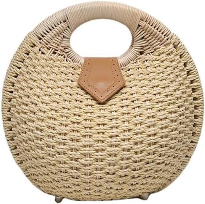 Ronde Stro Tas - Zomerse Handtas - Strand Vervoer - Natuurlijk Materiaal - 27x27x15cm - Beige