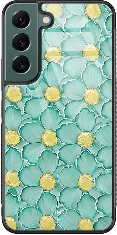 Hoesje geschikt voor Samsung Galaxy S22 - Mint blossom - Groen - TPU luxe case (glossy toplaag) - Bloemen - Hardcase backcover zwart