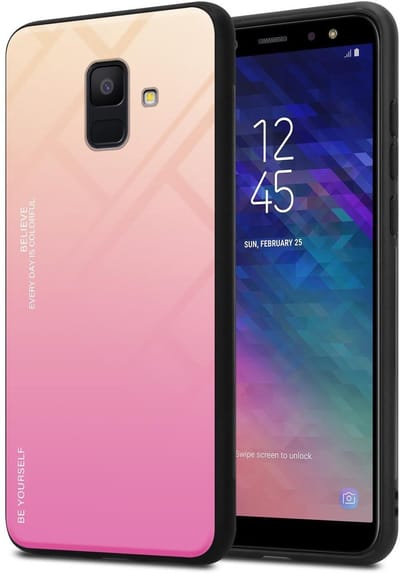 Cadorabo Hoesje geschikt voor Samsung Galaxy A6 2018 in GEEL - ROZE - Tweekleurige beschermhoes van TPU-silicone Case Cover en achterzijde van gehard glas