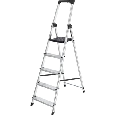 BRASQ Huishoudtrap 5-treden Zilver - keukentrap inklapbaar aluminium voor Particulier en professioneel gebruik - Trap Ladder - Anti slip