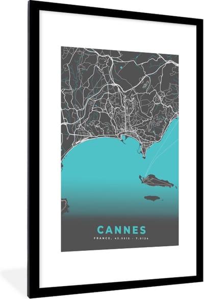 Fotolijst incl. Poster - Cannes - Frankrijk - Kaart - Stadskaart - Plattegrond - 60x90 cm - Posterlijst